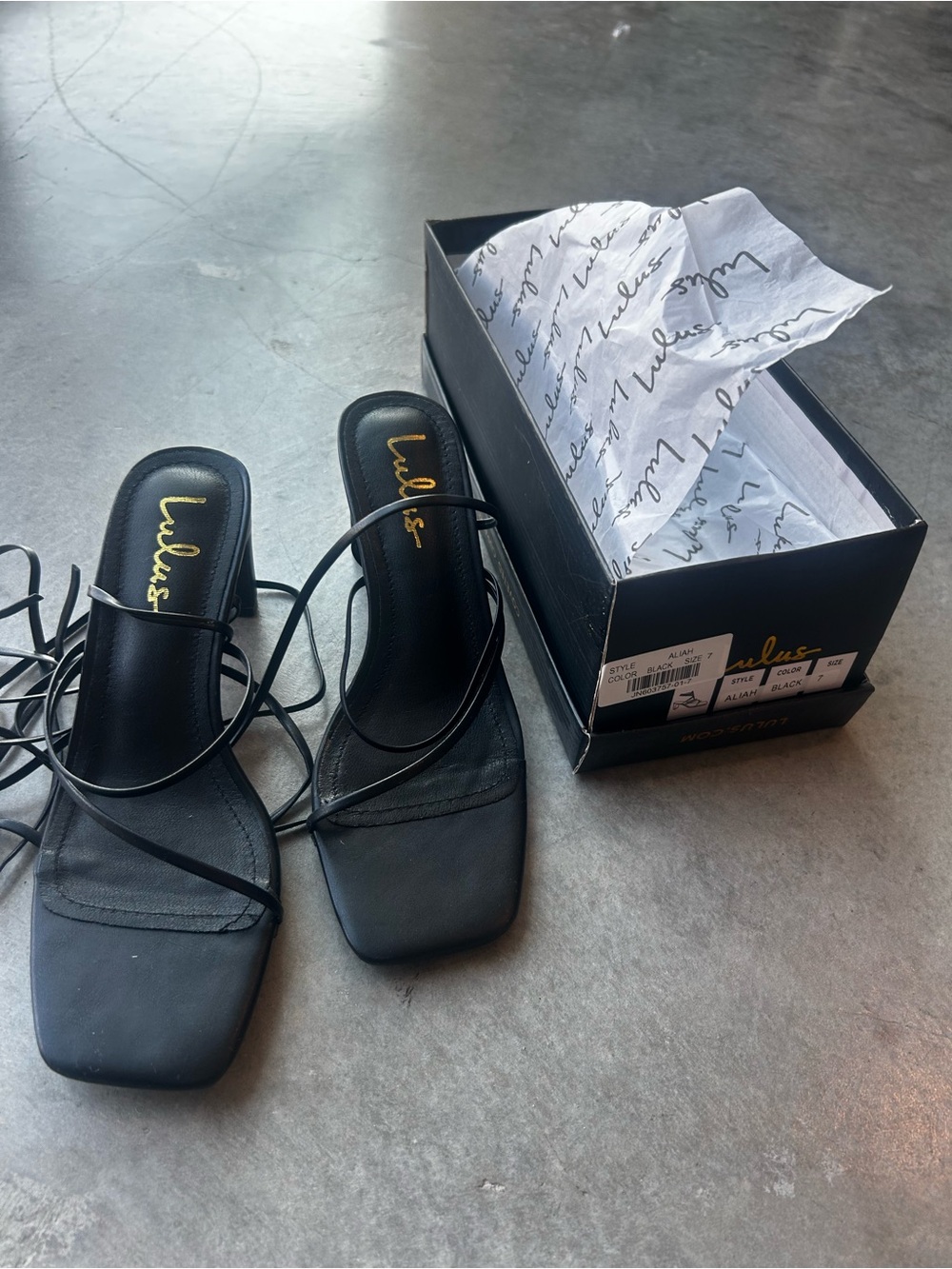 Lulu's Black Strappy Square-Toe Lace-Up Heels